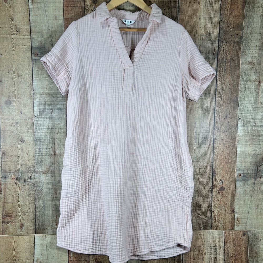 Three Dots Large Pink 100% Cotton Double Gauze Shift Dress Short Sleeve Pockets